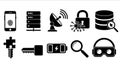 Flat design tech icon set showing fingerprint phone, server stack, satellite dish, cybersecurity padlock, database magnifier, key Royalty Free Stock Photo