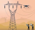 Flat design of technology concept,Technicians using drone to monitor the condition of the high voltage tower - vector