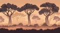Flat design of trees fading into haze under soft mocha sky, creating serene atmosphere
