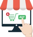 Flat design vector of human pointing on buy icon for shopping online by personal computer Royalty Free Stock Photo