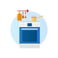 Flat design vector icon of kitchen with household utensils.