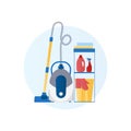 Flat design vector icon of vacuum cleaner, detergent, basket, gloves, rag Royalty Free Stock Photo