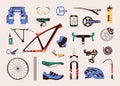 Flat design vector illustration of bicycle parts, components, spares and accessories. Royalty Free Stock Photo