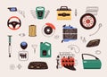 Flat design vector illustration of car parts, spares and accessories.