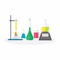 Flat design vector illustration concept of chemistry experiment. Chemical research equipment on white background. Laboratory lab Royalty Free Stock Photo