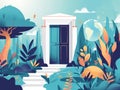 Flat design vector illustration concept of entrance to the house. Open door to the garden. Generative AI Royalty Free Stock Photo