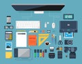 Flat design vector illustration of creative designer workplace. Top view. Royalty Free Stock Photo