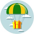 Flat design. Vector illustration. Delivery service. Parachute with parcel, gift in the sky. Royalty Free Stock Photo