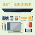 Flat design vector illustration of graphic designer items, tools and equipment.