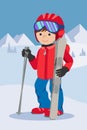 Flat design vector illustration of little boy from the mountain by ski equipped. Smiling happy skier with. Including Royalty Free Stock Photo