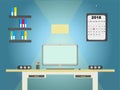 Flat design vector illustration of modern home office interior with designer desktop Royalty Free Stock Photo