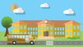 Flat design vector illustration of school building and parked school bus in flat design style, vector illustration Royalty Free Stock Photo