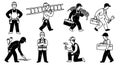 Black and white vector art construction workers carrying ladder, toolbox, hammer and blueprints in various working poses and Royalty Free Stock Photo