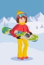 Flat design vector illustration of young woman from the mountain by snowboarding equipped.