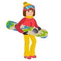 Flat design vector illustration of young woman from the mountain by snowboarding equipped. Smiling happy skier girl