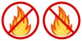 Flat design vector image of no fire sign icon - colored fire crossed out in a red circle isolated on white background Royalty Free Stock Photo