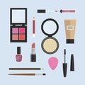 Flat design vector make-up products and accessories collection on blue background