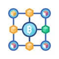 Blockchain network diagram with central cryptocurrency and connected blocks in a flat design. Royalty Free Stock Photo