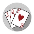 Flat design vector three hearts playing cards icon, isolated