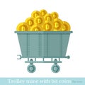 Flat design vector trolley mine with gold bit coins on white