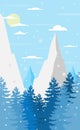 Flat design winter background vector illustration with blue sky.