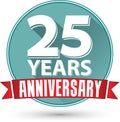 Flat design 25 years anniversary label with red ribbon, vector