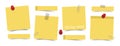 Flat design yellow color sticky notes with red pin , adhesive tape and paper clip on white board background . Vector Royalty Free Stock Photo