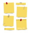 Flat design yellow color sticky notes with red pin , adhesive tape and paper clip on white board background . Vector Royalty Free Stock Photo