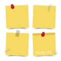 Flat design yellow color sticky notes with red pin , adhesive tape and paper clip on white board background . Vector Royalty Free Stock Photo