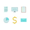 Flat detailed icons set blank, monitor with code, blank on the desk, timer, money, mail.