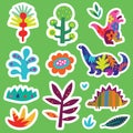 Flat dinosaurs silhouette with plants stickers set