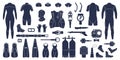 Flat diving black icons. Scuba divers suits, tools and equipment. Snorkeling accessories for underwater activity. Water Royalty Free Stock Photo