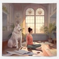 dog lifestyle woman cartoon position sport fitness training yoga body home. Generative AI.