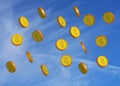 3D dollar coin drop from sky logo icon isolated on blue sky background.