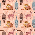 Flat Domestic Cats in Funny Poses Seamless Pattern