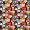 Flat Domestic Cats in Funny Poses Seamless Pattern