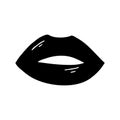 Flat doodle black open lips with flare. Isolated on white background. Vector stock illustration