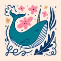 Flat doodle cartoon blue fairytale magic unicorn whale, narwhal hand drawn vector illustration isolated on color