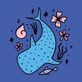 Flat doodle cartoon blue shark whale animal, rhincodon typus hand drawn vector illustration isolated on blue background