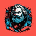 Flat drawing of Marx framed by other characters. For your sticker design