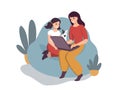 Flat drawing of a mother with her daughter at her laptop. Watching online instructional videos, online lessons and chatting, video