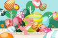 Flat easter bright bunny runs with striped egg vector illustration. Multicolored magnified holiday symbol on glade path