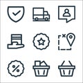 flat ecommerce line icons. linear set. quality vector line set such as basket, shopping basket, discount, location, best product,