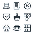 flat ecommerce line icons. linear set. quality vector line set such as shopping store, return, basket, money, add to basket,