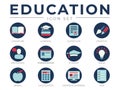 Flat Education School Icon Set. Literature, Learning, Certificate, Creativity, Presentation, Student, Ideas and Distance Learning Royalty Free Stock Photo