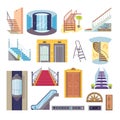 Flat elevator stairs collection, vector illustration. Cartoon step stairs and interior door set. Transport lift inside