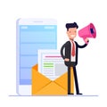 Flat email marketing concept. Businessman or manager speaks in megaphone against the background of an open mail envelope Royalty Free Stock Photo