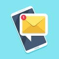 Flat email notification on smartphone. Sms icon or mail message reminder on mobile phone vector illustration Royalty Free Stock Photo