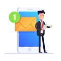 Flat email notificztion concept. Businessman or manager received a notification on the mobile phone about the incoming Royalty Free Stock Photo