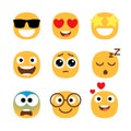 Flat emoticons faces. Simple happy and funny, cartoon smile set, wonder and love with hearts in eyes emoji moods Royalty Free Stock Photo